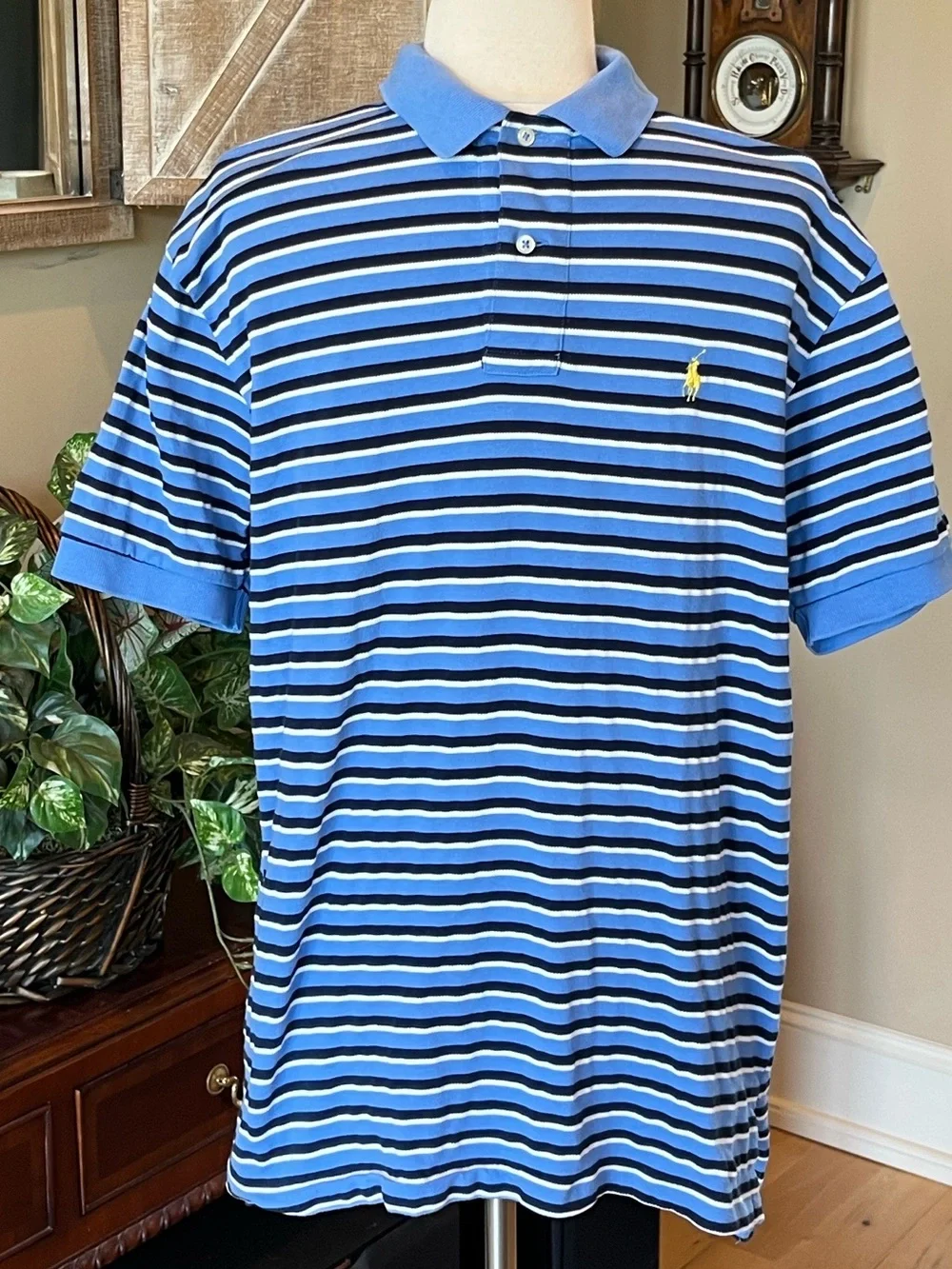 Ralph Lauren Blue with Black and White Striped Polo with Yellow Pony